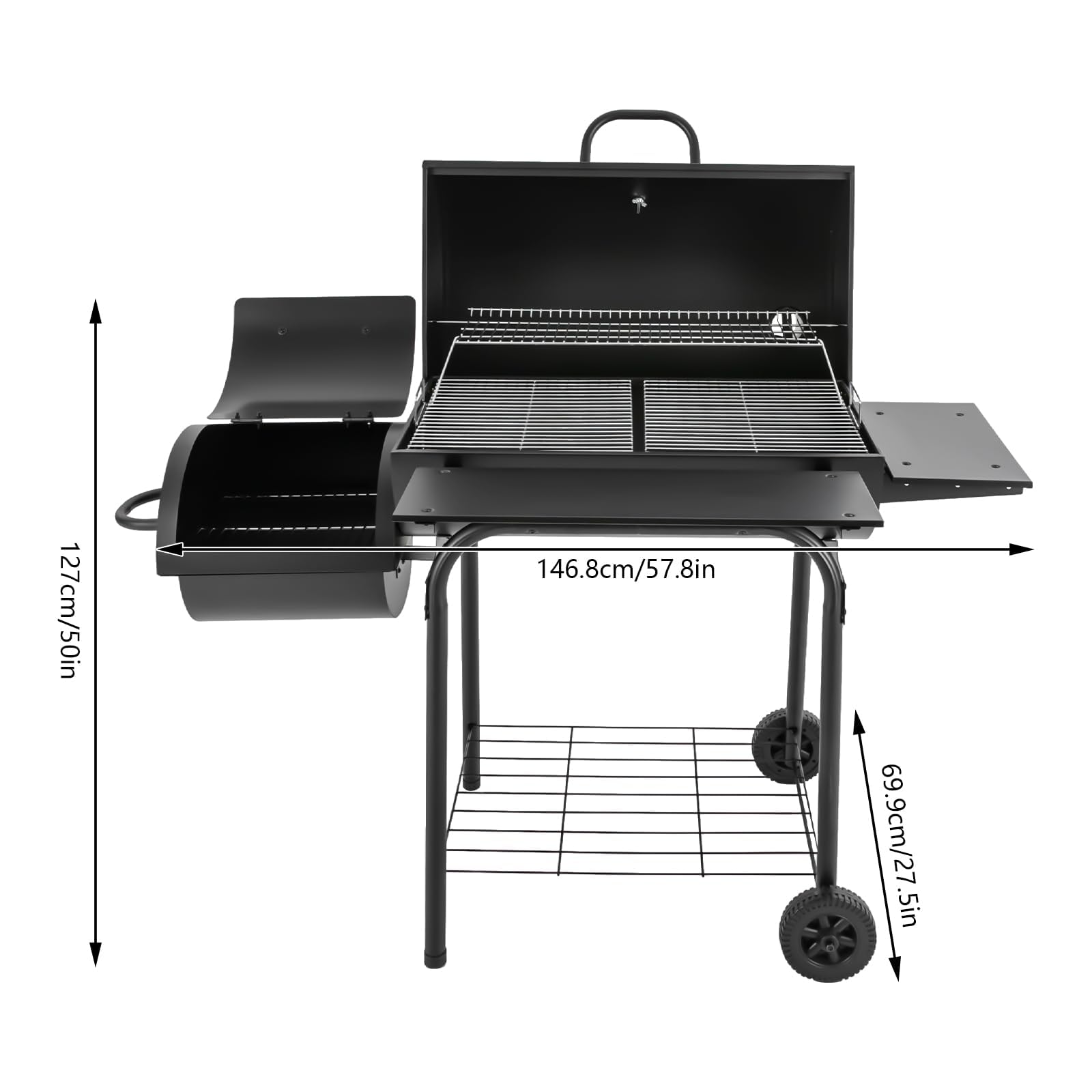 Grill na węgiel drzewny z pokrywką, duży grill węglowy z kółkami i termometrem i 2 półkami, na kemping i do ogrodu, 147 x 70 x 126 cm