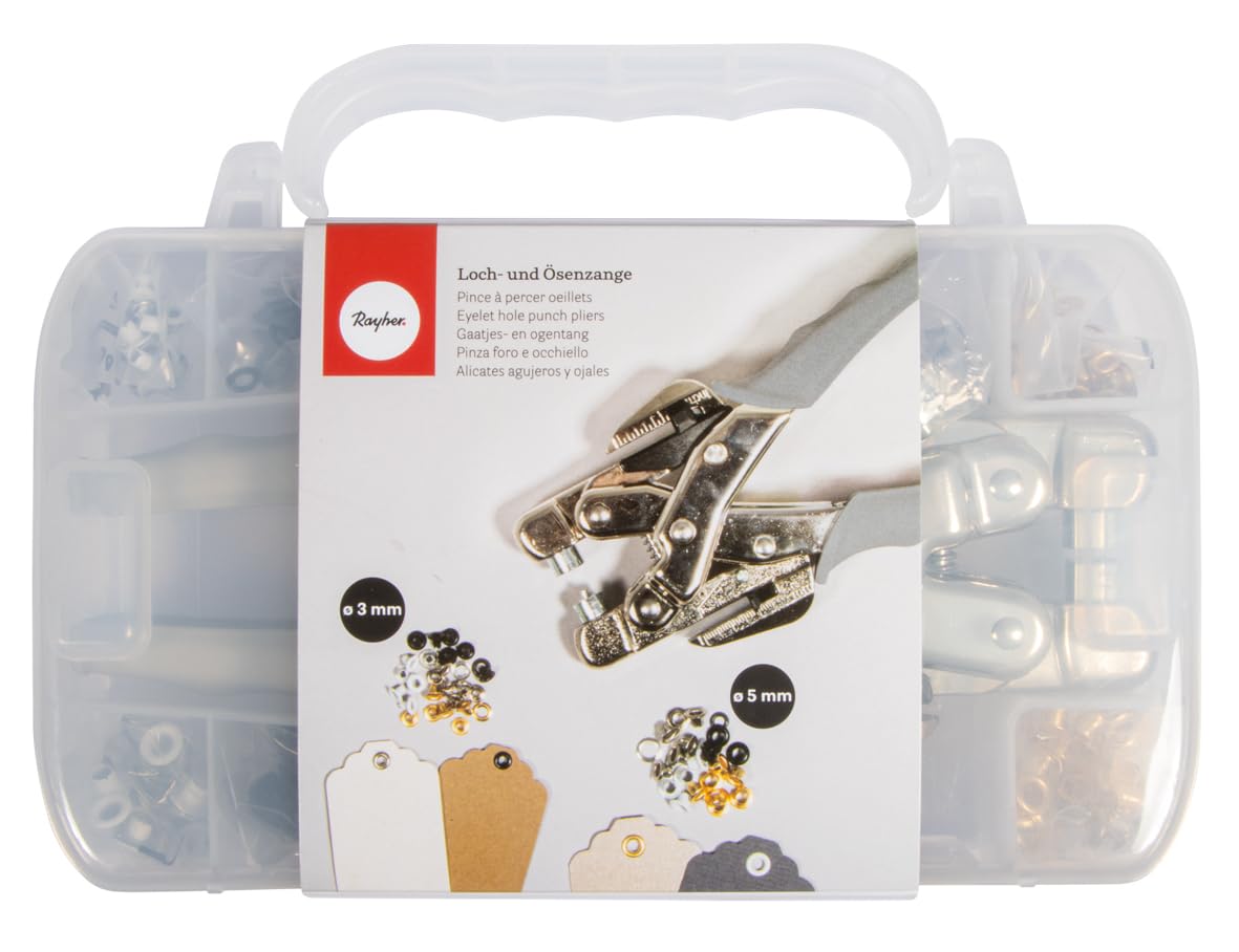 Rayher Eyelet hole punch pliers in plastic case, incl.160 eyelets ø 3+5mm, box 1pc, 69286000