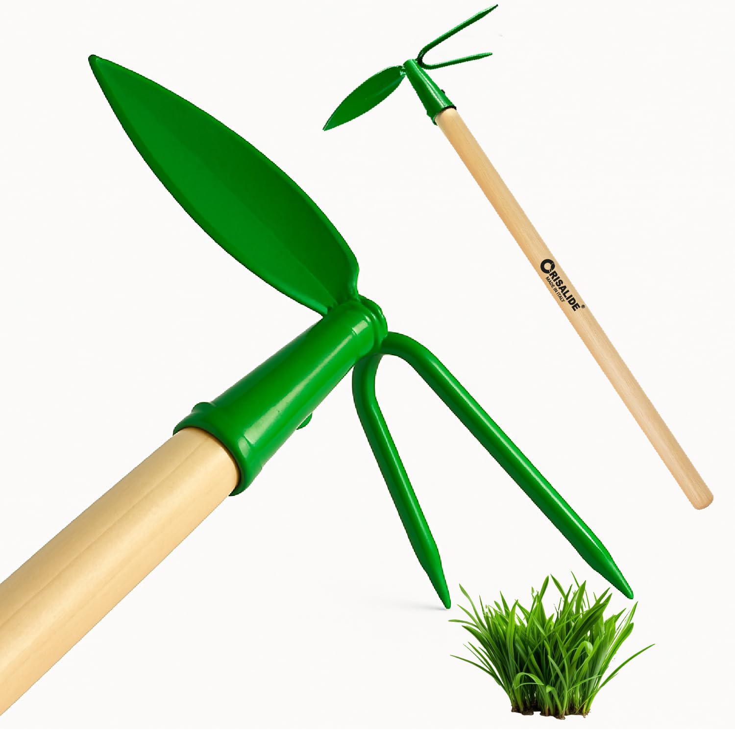 Crisalide® Azada de jardín con mango de madera 120 cm – Herramienta de jardinería para desherbar, mover y airear el suelo – Azada de doble punta ergonómica y resistente