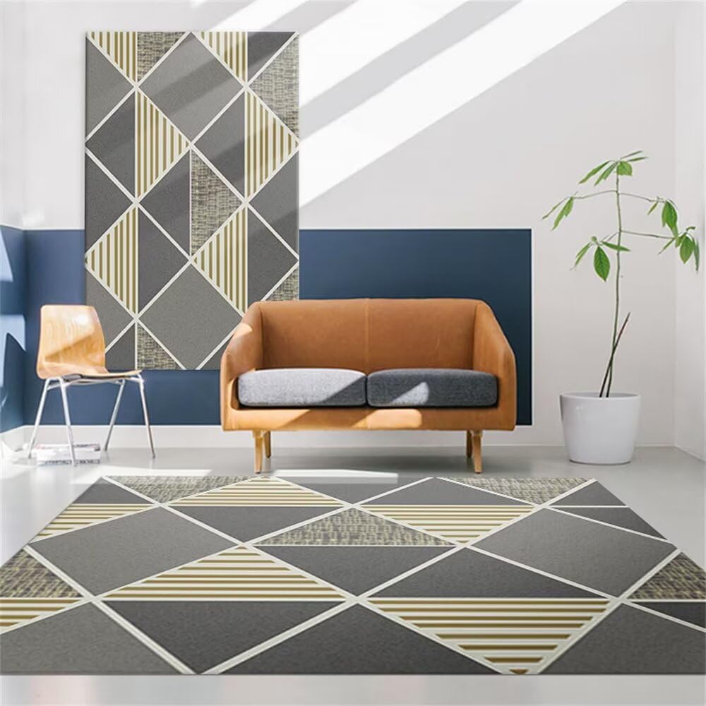 Tapis de chambre garçon géométrique doux et résistant gris jaune