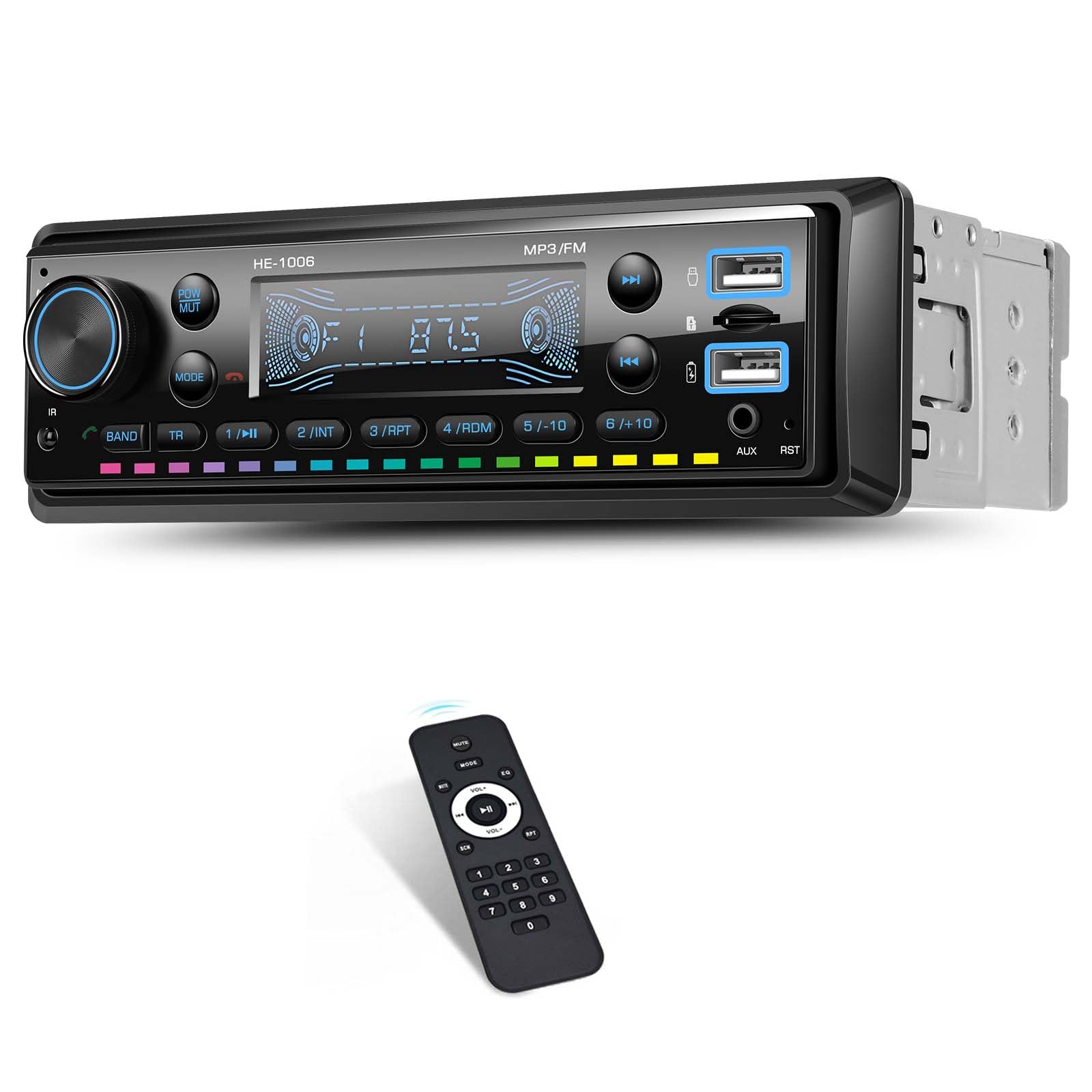 Front view of the SIXTOP 1 DIN Car Radio showing the display, control knob, buttons, and USB/AUX ports.