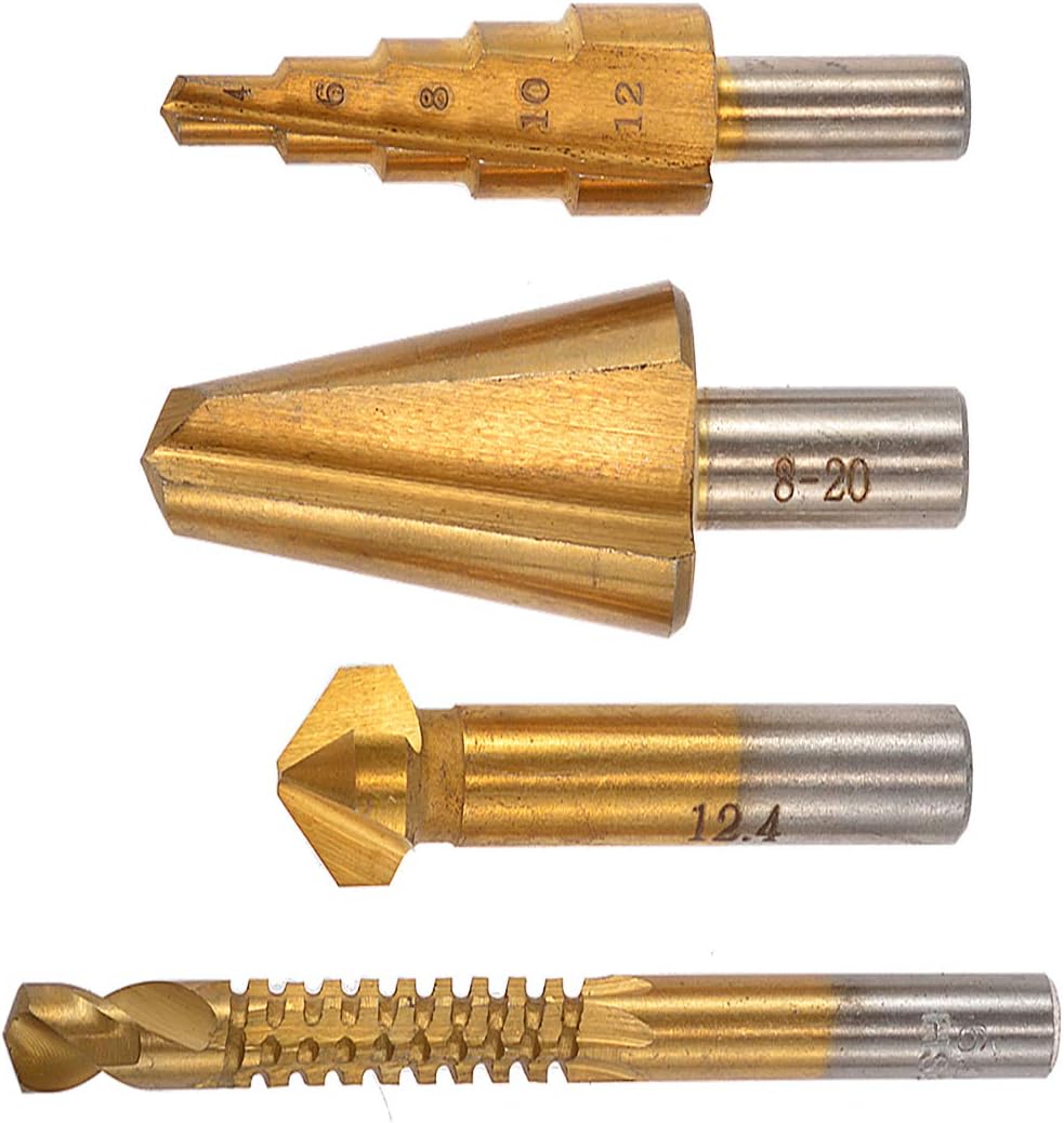 4Pcs HSS Titanium Coated Drill Bit Set Hole Cutter Kit,Step Drill bit Saw Twist Drill Bit Umbrella Chamfer Drill Bit Chamfering End Mill Countersink Drill Bit