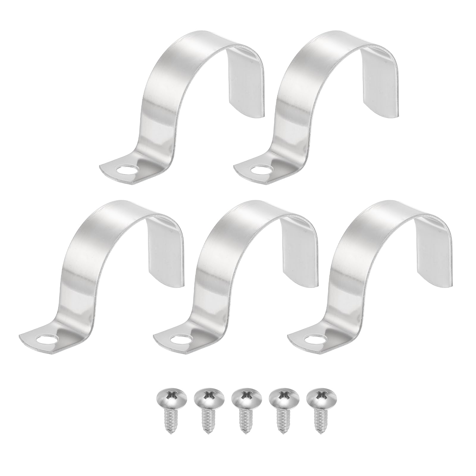 sourcing map 5Set 45mm Pipe Strap, 1 Hole Pipe Clamp 304 Stainless Steel Rigid Conduit Clamp U Bracket Heavy Duty with Self-Tapping Screws for Tube Installation, Silver