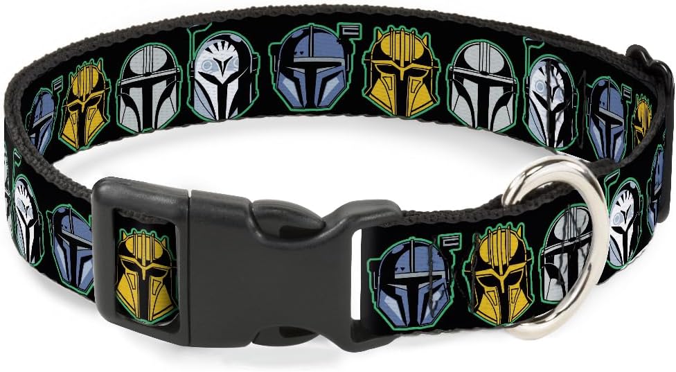 Star Wars Dog Collar with Plastic Clip, Quick Release, Easy Adjustable, The Mandalorian Helmets, 13 to 17 Inches 1.5 Inch Wide