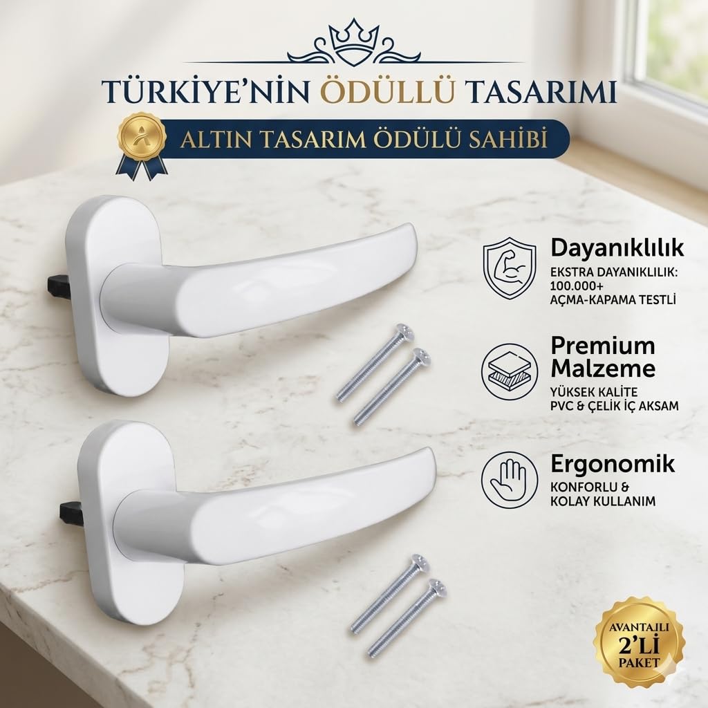 PVC Pencere Kolu 2 Adet – Plastik Cam Kolu, Evrensel Uyumlu, Vidalı Montaj, Dayanıklı Beyaz Pencere Açma Kolu