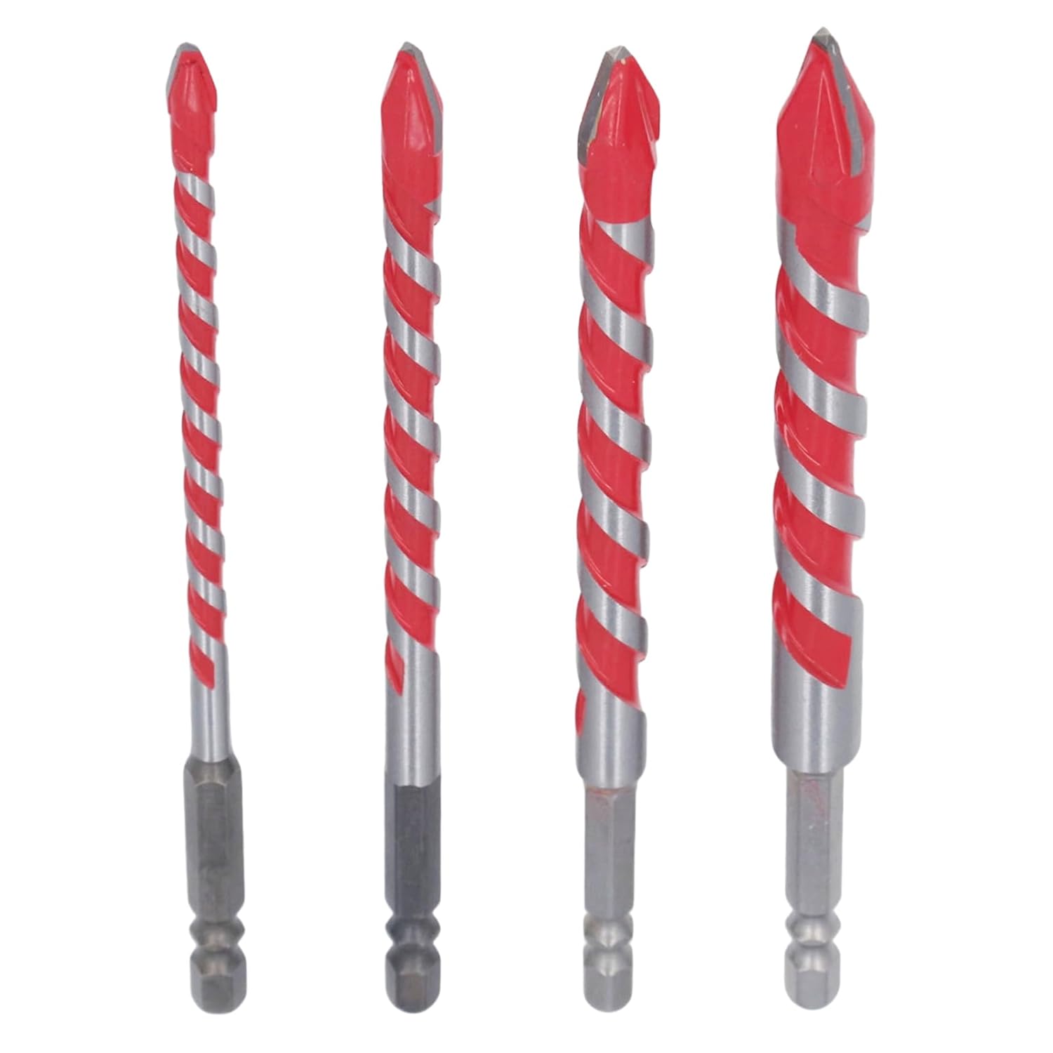 4Pcs 6" Extra-Long Carbide Twist Drill Bit Set for Glass, Tile & Porcelain, with Hex Shank, 1/4"-1/2" Dual Flute Multipurpose Eccentric Drill Bit for Drilling Light Concrete Brick Wood