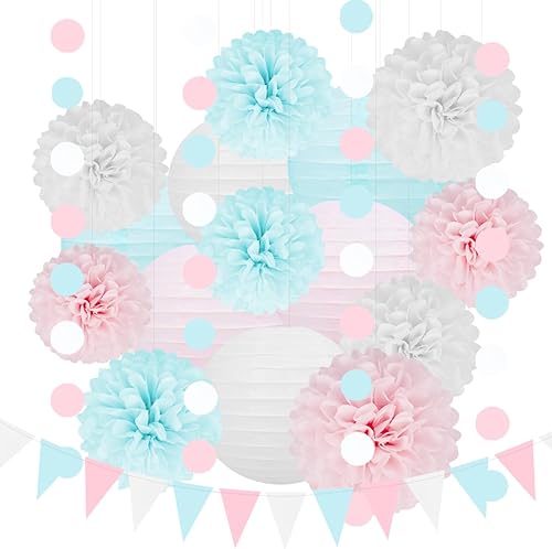 Decoraciones de fiesta de color blanco, azul y rosa, 17 piezas de papel de seda, flores, pompones, linternas, género, neutro, revelación de género,
