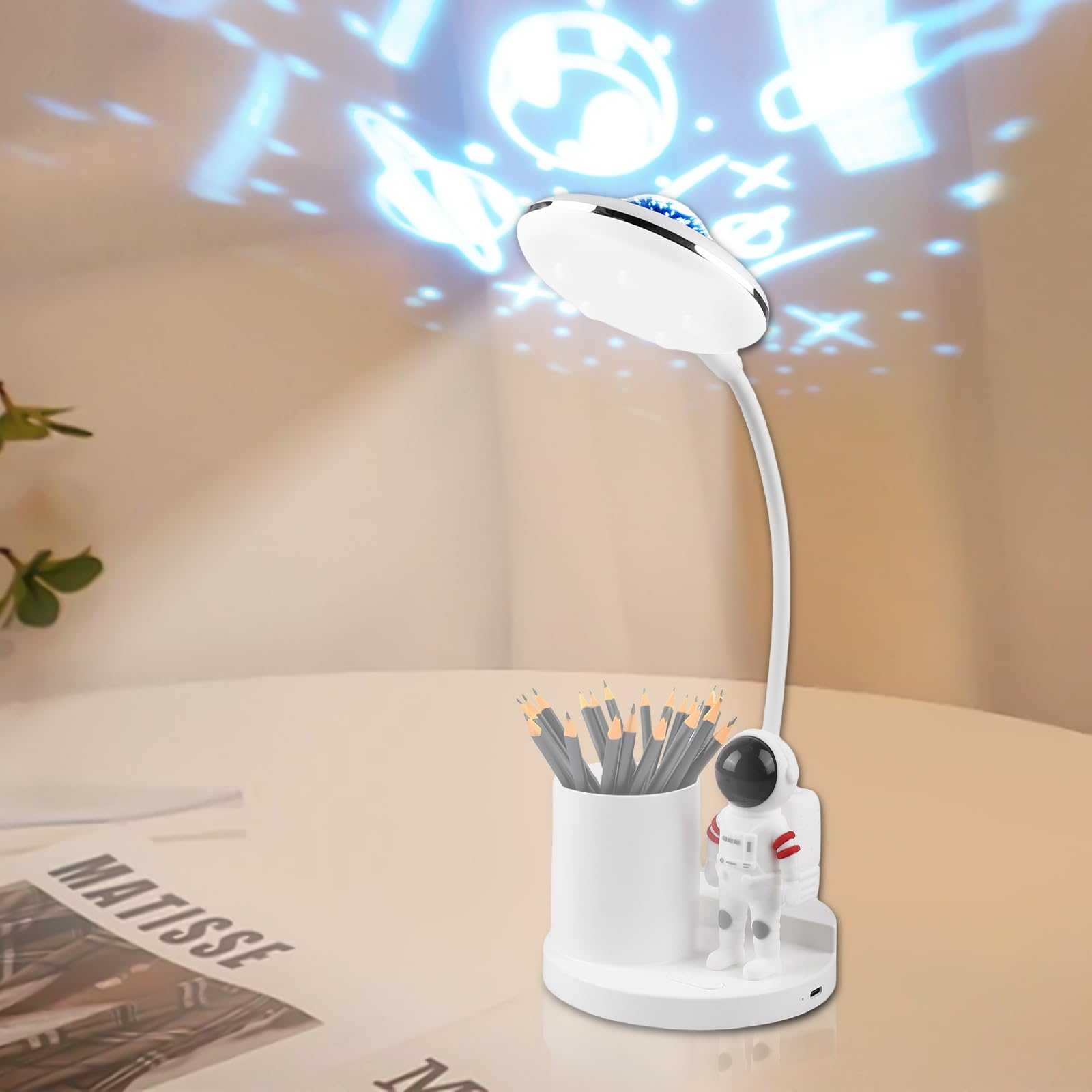 Aicharynic Lámpara de escritorio para niños, lámpara de noche LED para niños, con soporte para bolígrafos, lámpara de mesa LED, regulable, lámpara de mesa recargable 360°, ajustable, cuello de cisne,