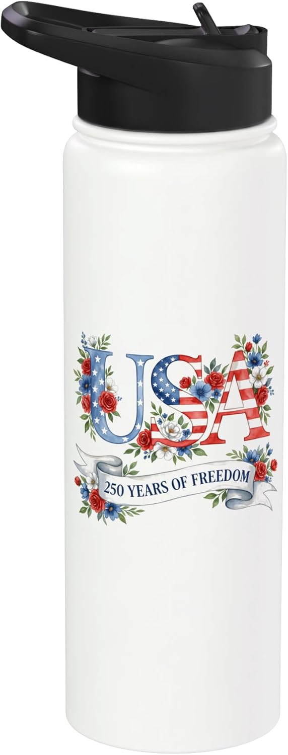 USA Floral Rose 250 Years of Freedom Patriotic 4th of July Stainless Steel Insulated Water Bottle
