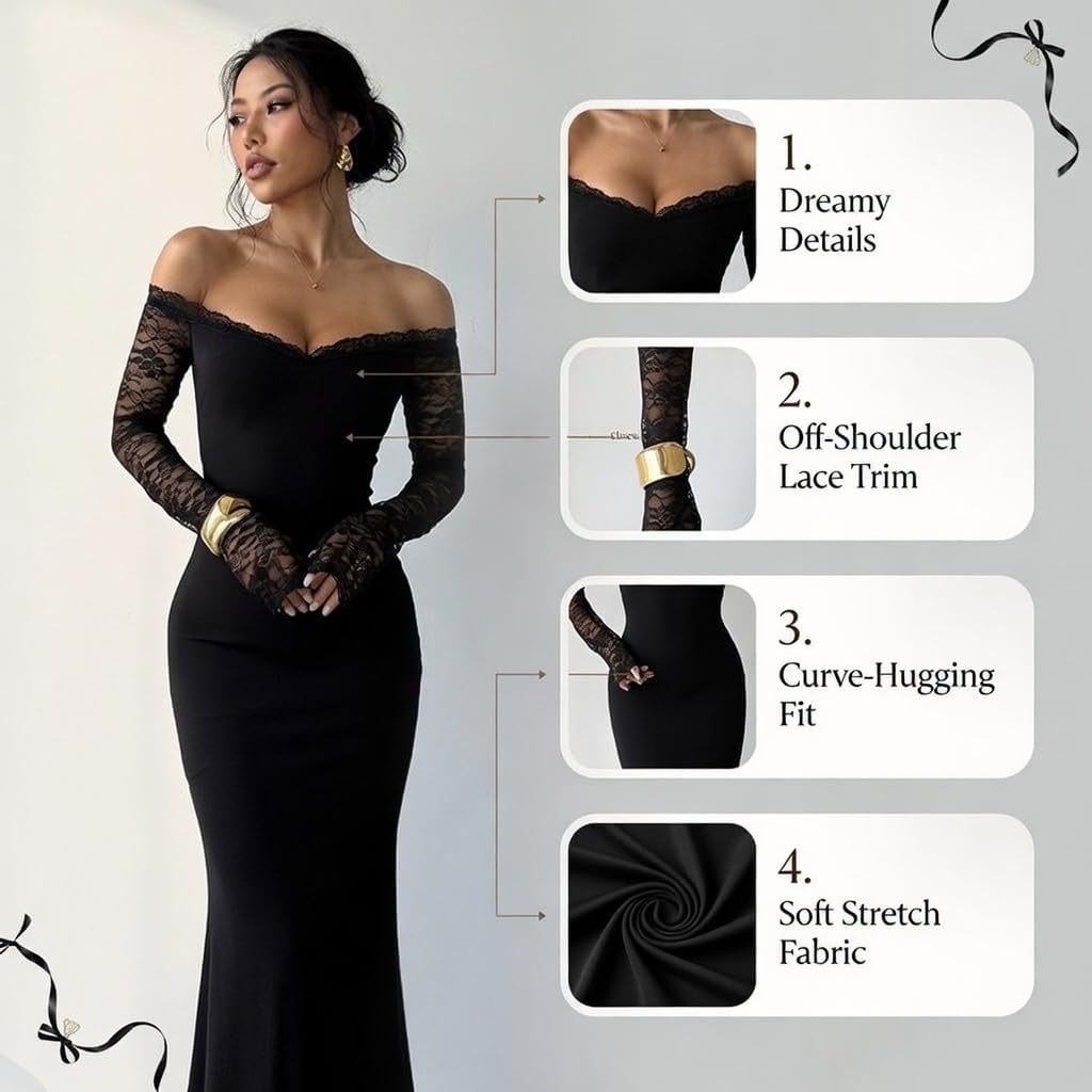 Coquette Balletcore Off Shoulder Lace Trim Maxi Dress for Women Sheer Long Sleeve Bodycon Gown for Party Date Night