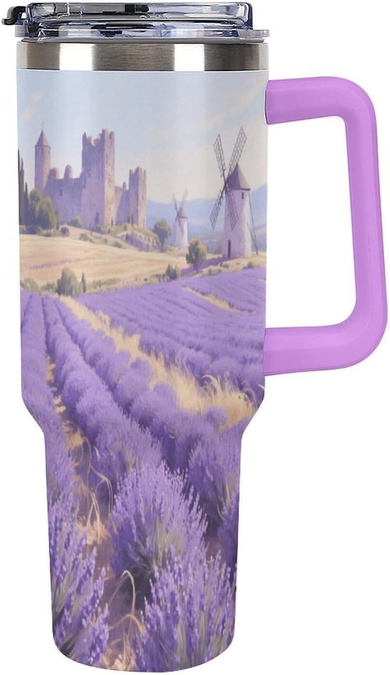 Travel Coffee Mug 40OZ Thermo Cups Thermos Cup Drink Cups Provence Lavender Fields Thermos with Cup with Handle Lid And Straw Suitable for Gifts Parties Offices Traveling