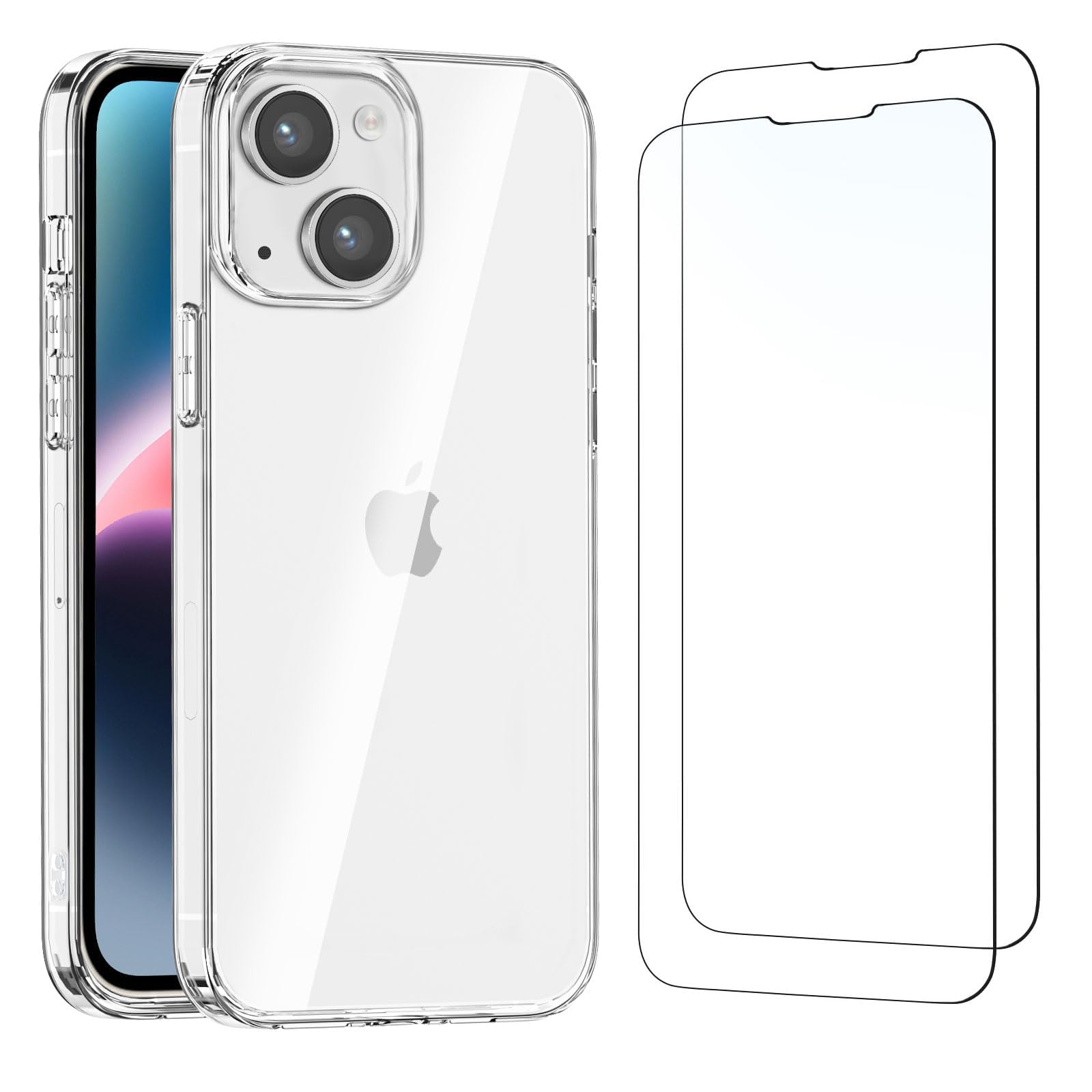 NEW'C Cover per iPhone 14 (6,1 Pollici) Gel TPU in silicone ultra trasparente e 2 × vetro temperato per iPhone 14 (6,1 Pollici), Pellicola proteggi schermo