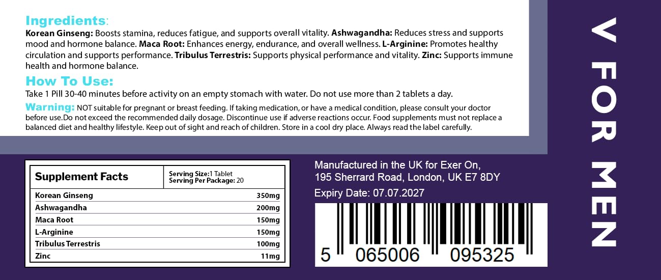 ErexOn - V for Men - Blue 20 Tablets - 100mg Improved Vitality Formula - Strong Effect - Mens Health Support Tablets - Performance & Enhancement - Ginseng, L-Arginine, Ashwagandha, Maca Root