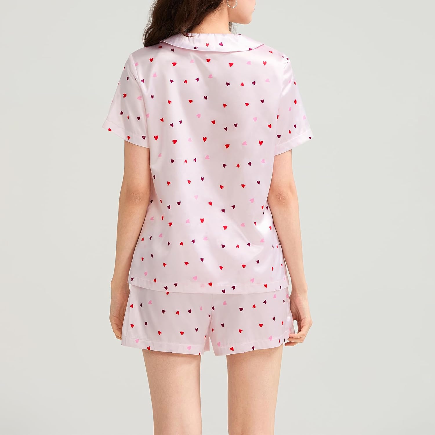Womens 2 Piece Pajamas Shorts Set Valentine Love Heart Print Short Sleeve Button Shirt&Shorts Loungewear - Image 4