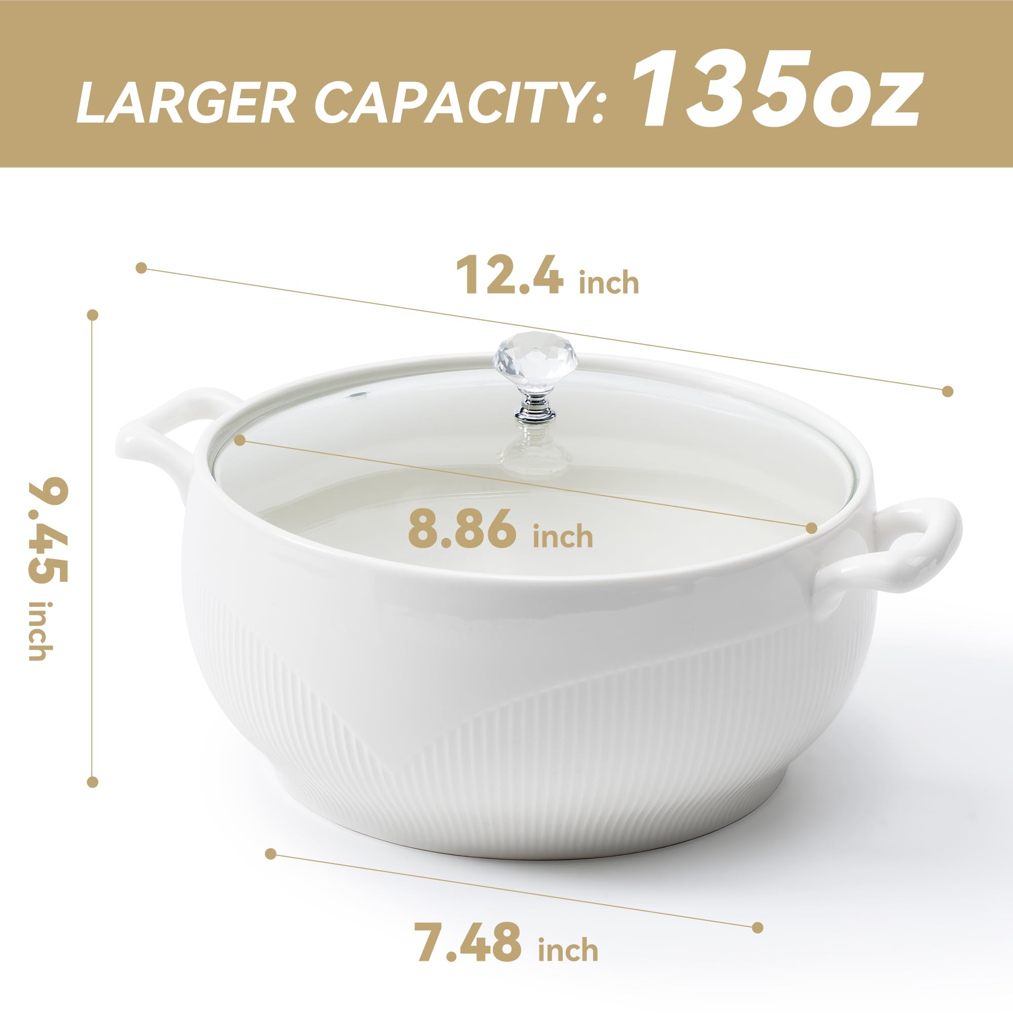 ceramiczna miska do zupy z pokrywką, pojemność 3,5 L, porcelanowa miska do zupy z dwoma uchwytami, odporna na kuchenkę mikrofalową, zmywarkę i piekarnik, kolor biały