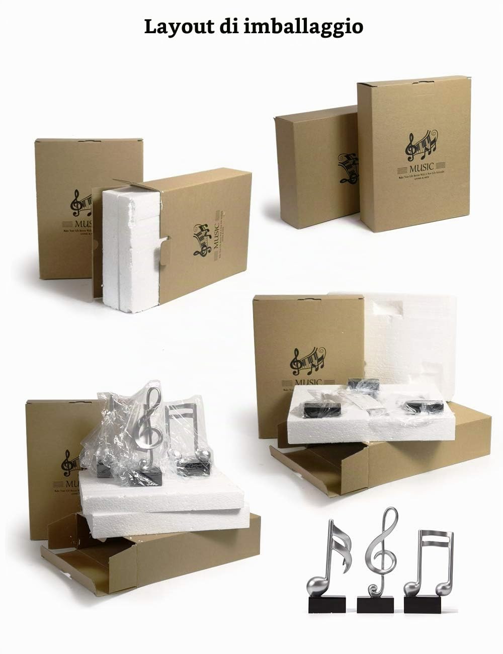 HAUCOZE 3pcs Nota Musicale Statue Scultura Moderan Decorazione Arte Pianoforte Figurina Musica Regalo per Casa Soggiorno Ufficio Resina Argento 19cm