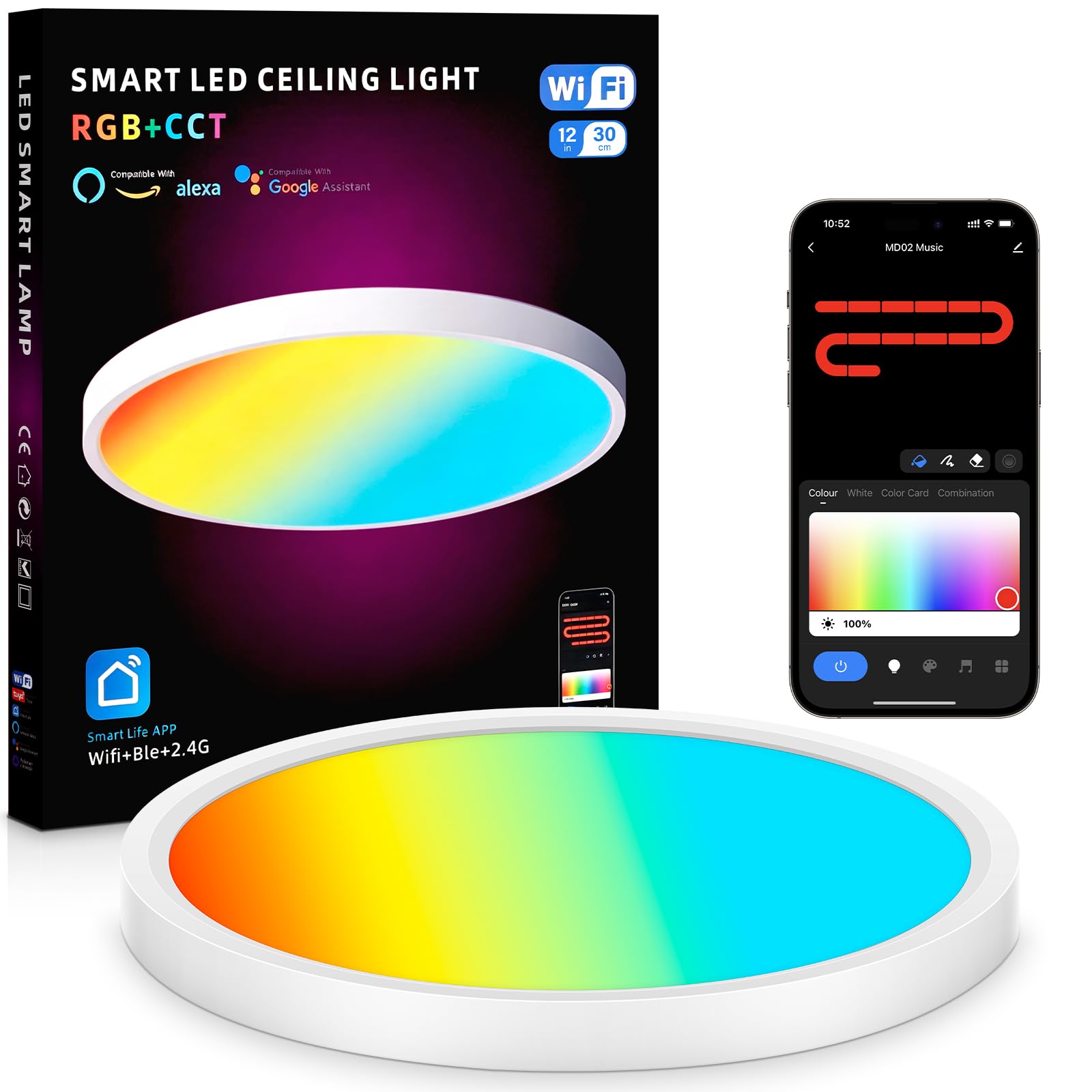 LED Deckenleuchte RGBIC Smart, 24W Ø30cm Deckenlampe Led Dimmbar 2600LM | 3000K-6800K Schlafzimmer Lampe, Bluetooth App Steuerung, Kompatibel mit Alexa & Google Assistant für Wohnzimmer Kinderzimmer