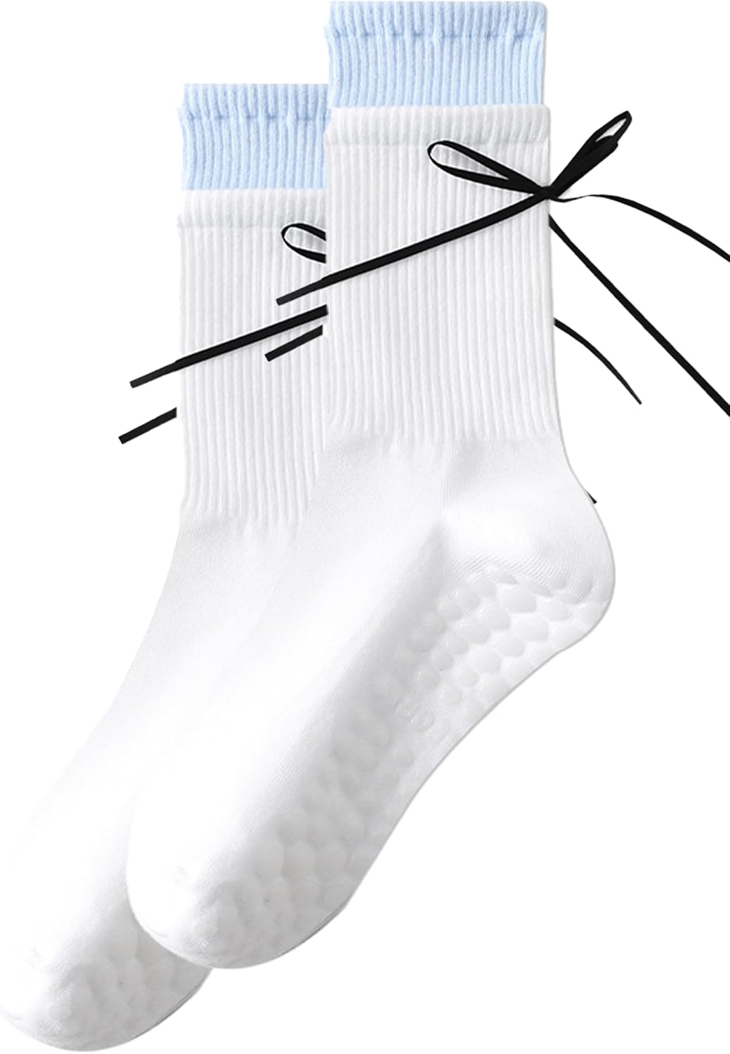 Pilates Socks With Grips For Women Ribbon Bow Yoga Socks Crew Cotton Non Slip Socks For Ballet Fitness Gym