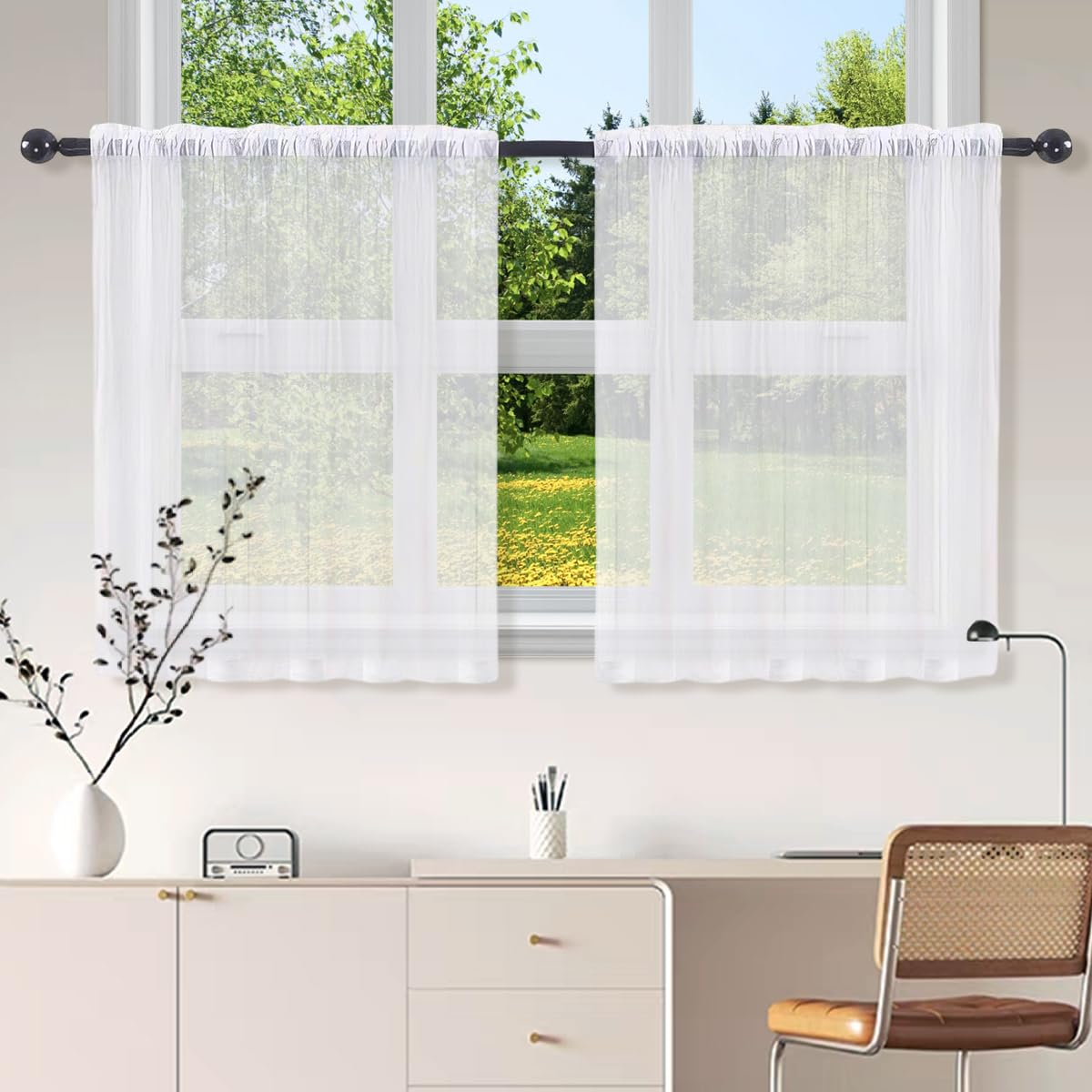2 Piezas Cortinas Cocina Ventana, Blanco Cortina Cocina, Cortinas Cortas para Ventanas, Cortinas Translucidas, Visillo Cortos para Ventanas, para Cocina, Comedor, Baño, Pequeña Ventana, 76 x 60 cm