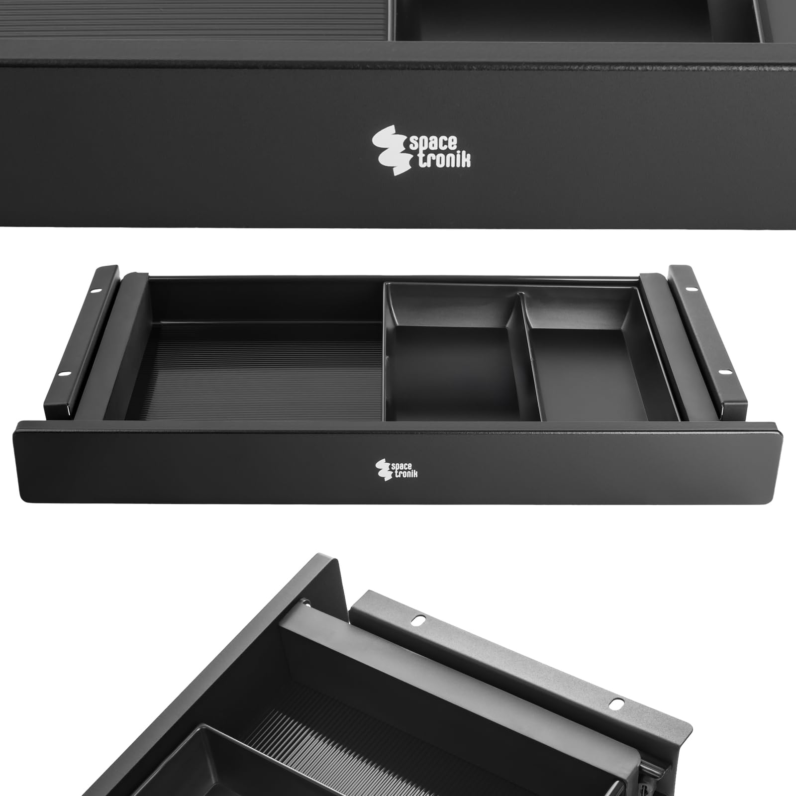 Spacetronik Schublade Unter Schreibtisch Schwarz, Unterbauschublade mit 3 Fächern, ausziehbare Schreibtischschublade mit Schienen, 560 x 335 x 47 mm, 5 kg Tragkraft, für Büro, Homeoffice