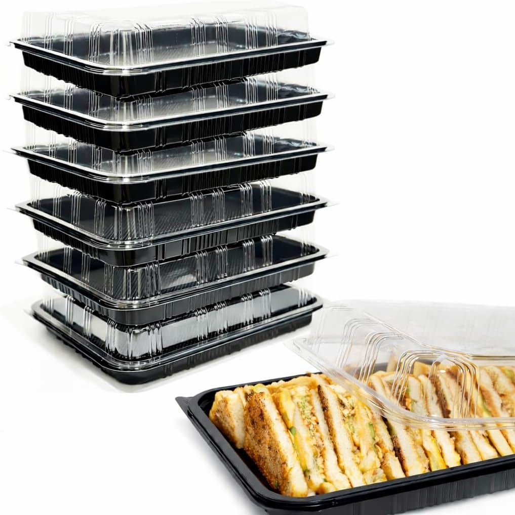 TRAYA Pack of 25 Serving Tray with lid - Reusable Catering Trays with Lids 13'' Long for Meal Prep, Cakes, Treats and Sandwiches (13 * 2.7 * 9.4inch)