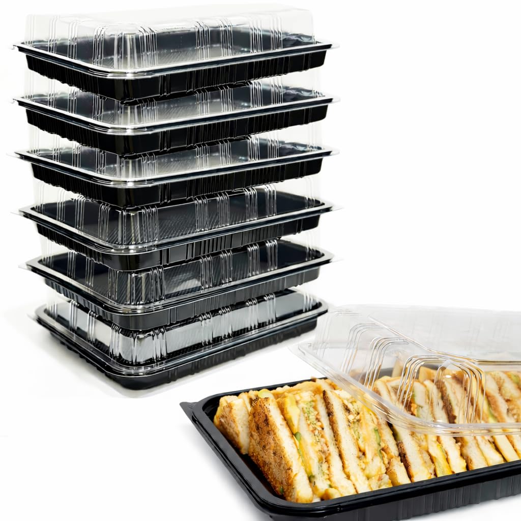 Traya Black/Clear Pack Of 15 Reusable Sandwich Platter Trays With Lids - Reusable Plastic Catering Trays With Lids For Meal Prep, Cakes, Treats And Sandwiches (33.5Cm X 24Cm X 7Cm)
