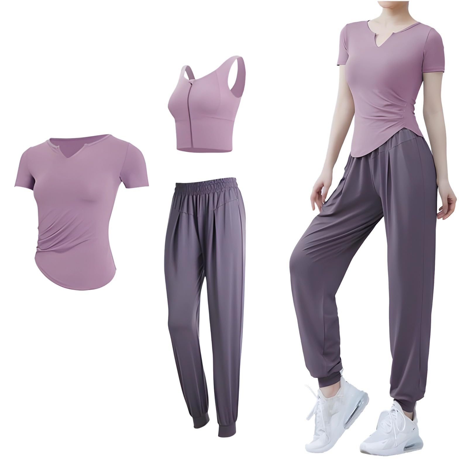 Conjunto de entrenamiento de 3 piezas para mujer, tela transpirable y suave, camiseta de manga corta, camiseta sin mangas, pantalones largos, Morado (, Talla única