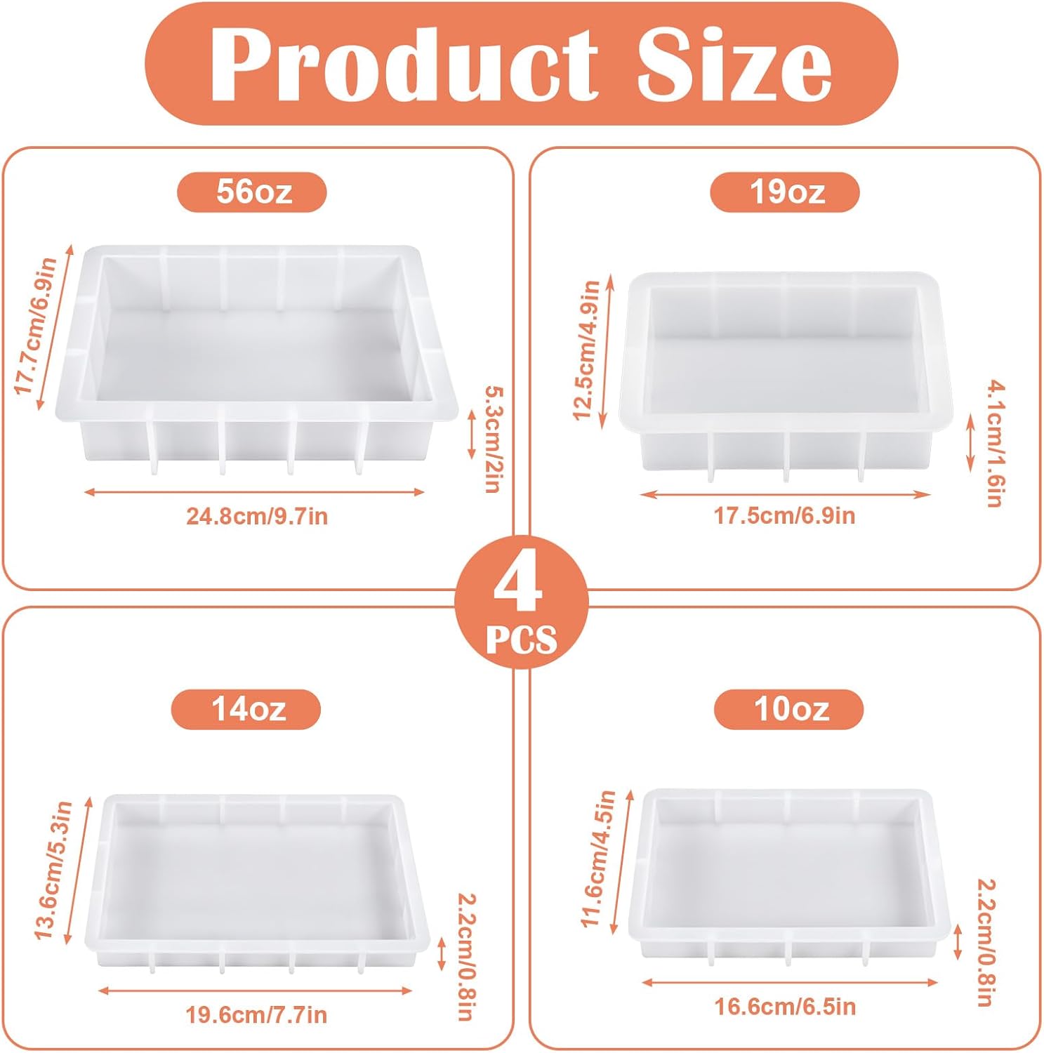 4 Pack Large Rectangular Resin Molds, Epoxy Resin Casting Silicone Mold Set (56oz, 19oz, 14oz, 10oz), Deep Pour Molds for Flower Preservation, DIY Bookends, Wedding Bouquet Keepsakes, Home Decor