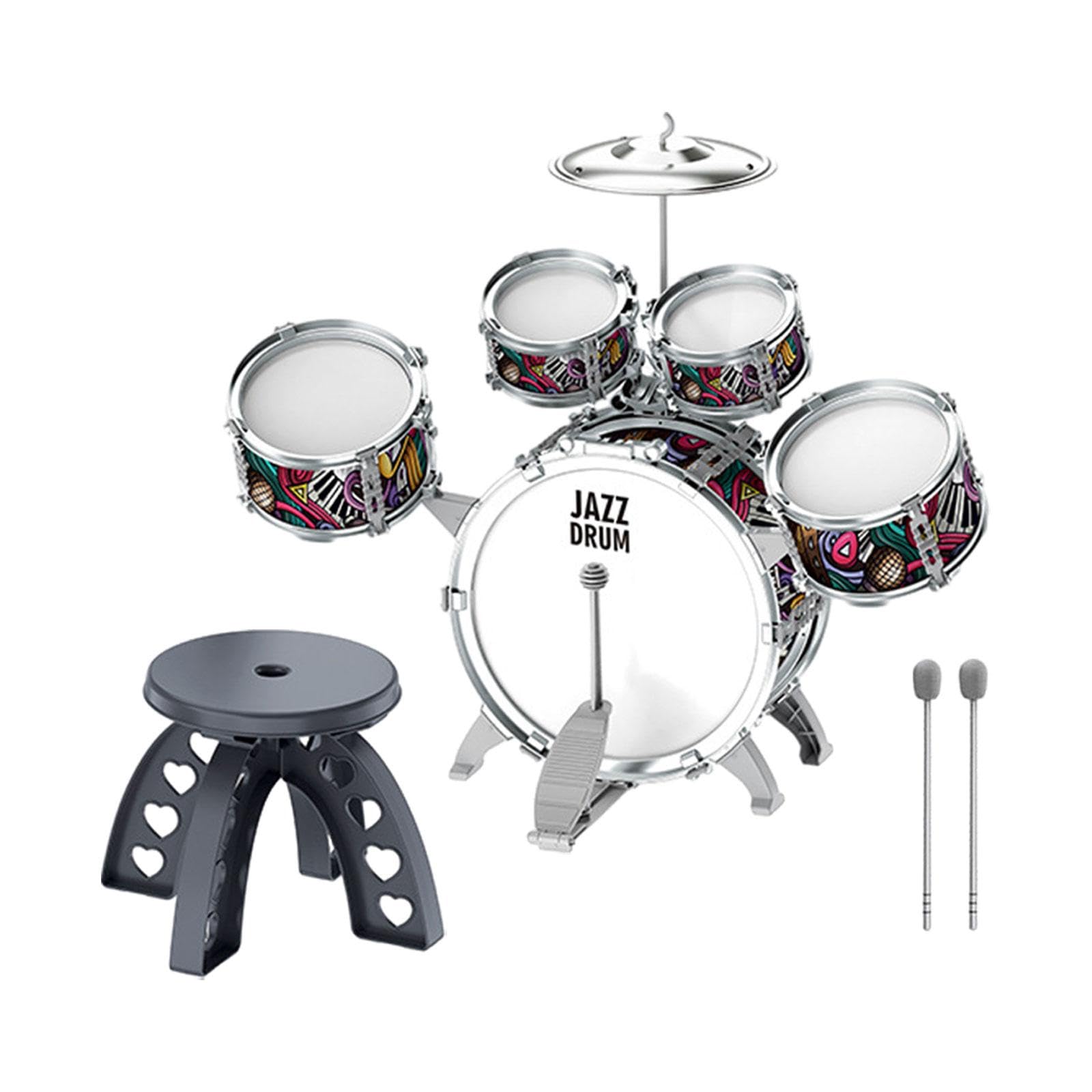 Colcolo 3 Stück Kinder Schlagzeug Set Jazz Trommeln Percussion Instrument Musikspielzeug mit Becken Und Hocker Aus PVC für Jungen Mädchen Musikunterricht Part, 5 in 1