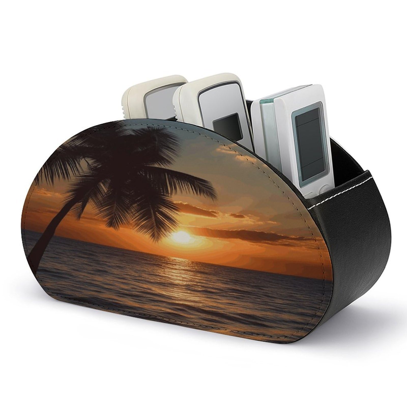LZQPOEAS Sunset Palm Tree Ocean Remote Control Holder Desk Storage Organizer Box Container Remote Storage Box with 5 Compartments PU Leather Remote Caddy for Home Bedside Table Organizer