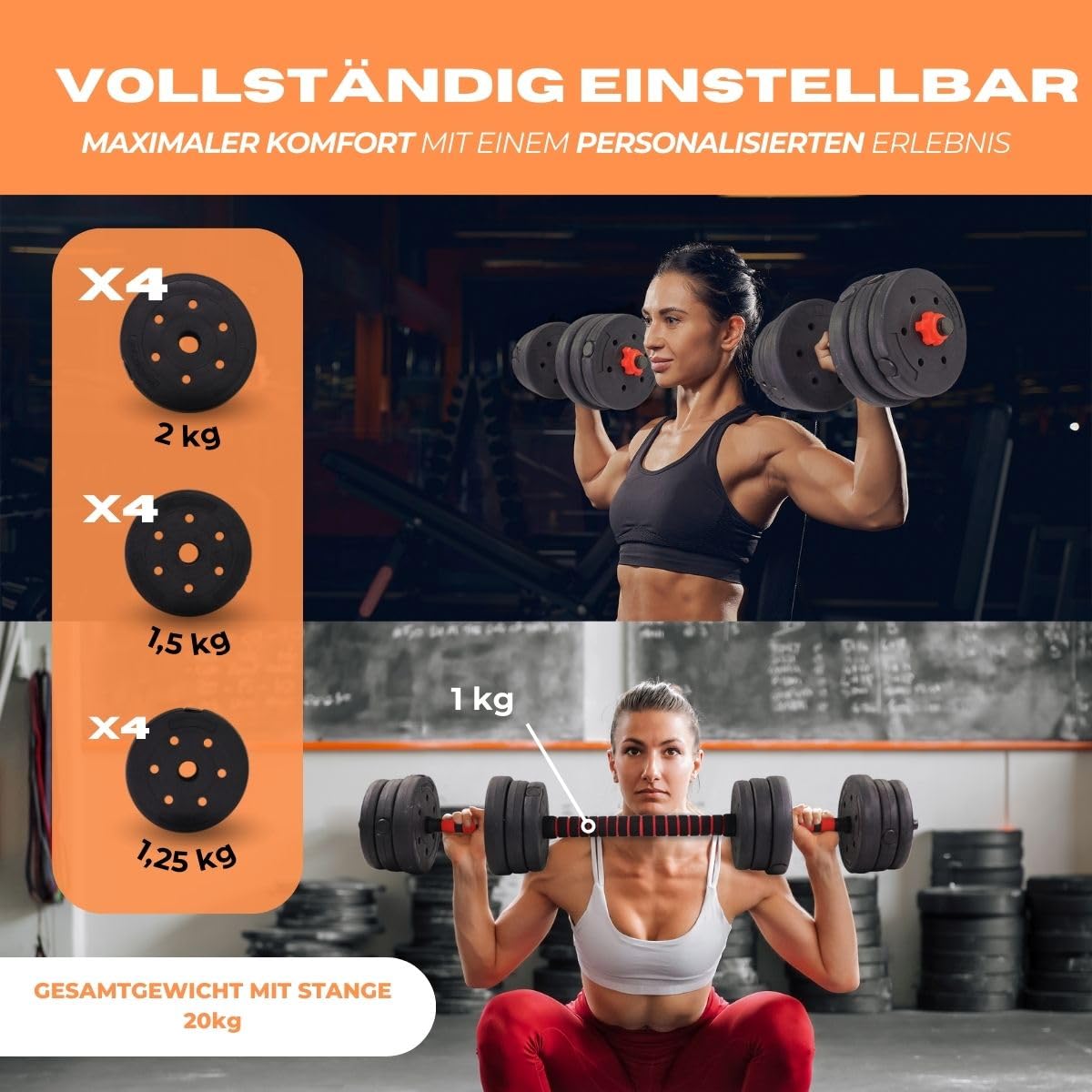 Mobiclinic®, Hantelset verstellbar, 2 in 1, Gewicht von 20-30 kg, Enthält hanteln und gepolsterte verlängerungsstange, Rutschfeste muttern, Robuster stahl, Heim-fitnessstudio