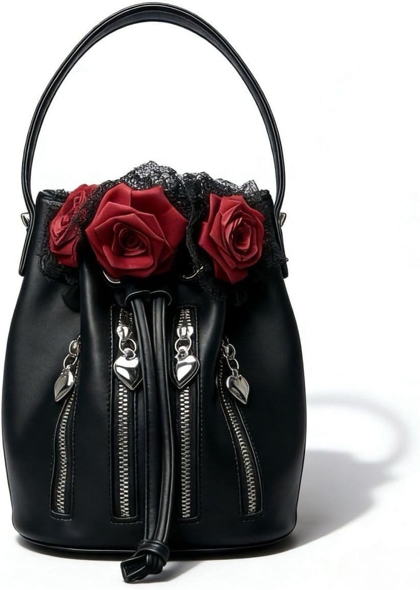 Gothic Bucket Bag, Black with Red Roses, Zipper Details, Drawstring Closure, Vegan Leather