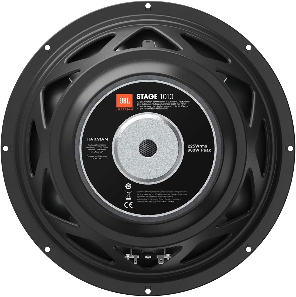 Rear view of the JBL Stage 1010 subwoofer, showing the magnet structure, terminal connections, and model information.