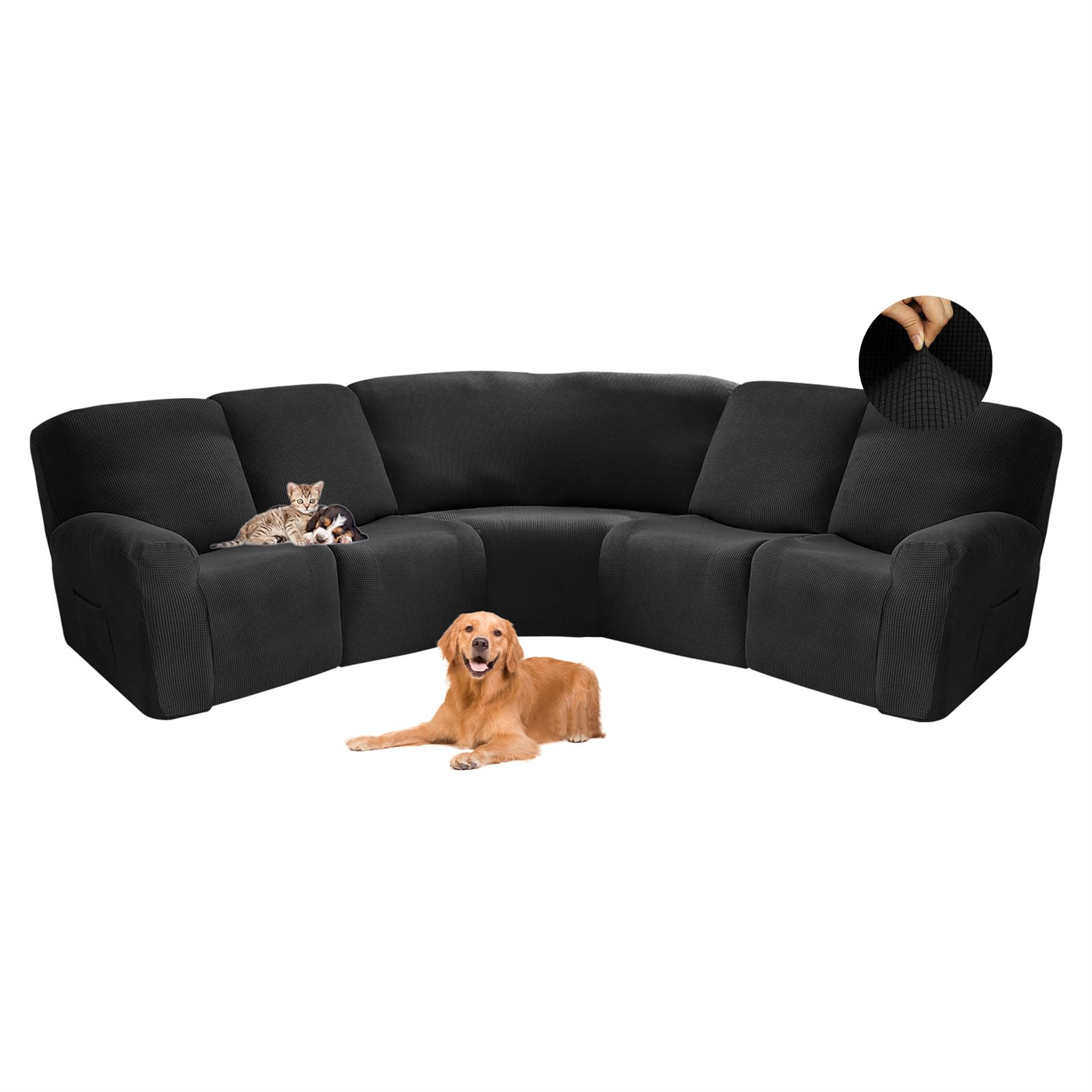 NNSMUN Sofa Cover Corner Shape, Super Stretch Corner Sectional Couch Covers for 4 Seat Recliner + 1 Corner Seat, 7-Piece Universal Sofa Covers, Recliner Slipcover (Black,5 seats-7 pc)