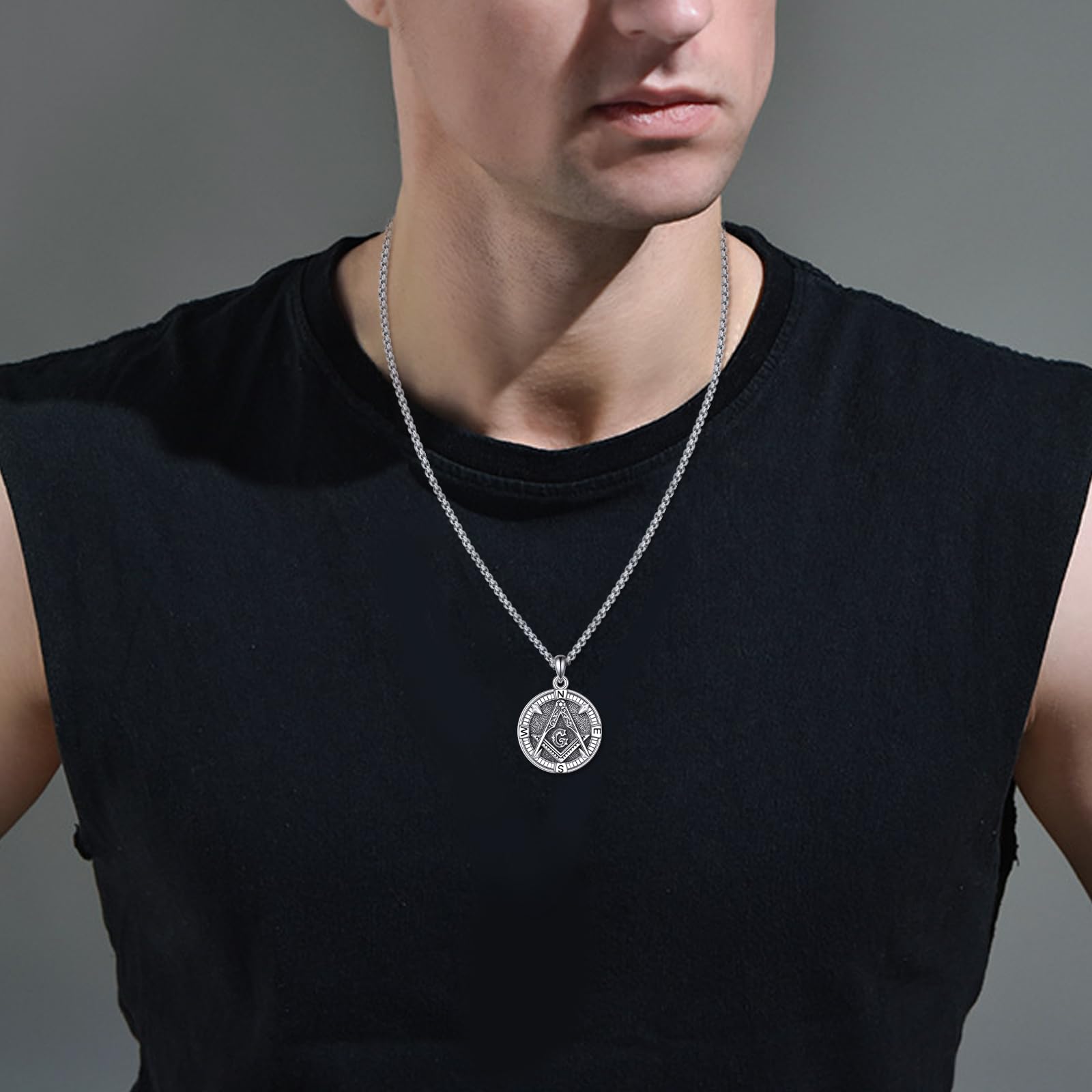 ONEFINITY Collar masónico de plata de ley 925 con colgante de brújula masónica, collar de masonería, símbolo de masón, joyería para hombre, talla única, Plata, No es una piedra preciosa