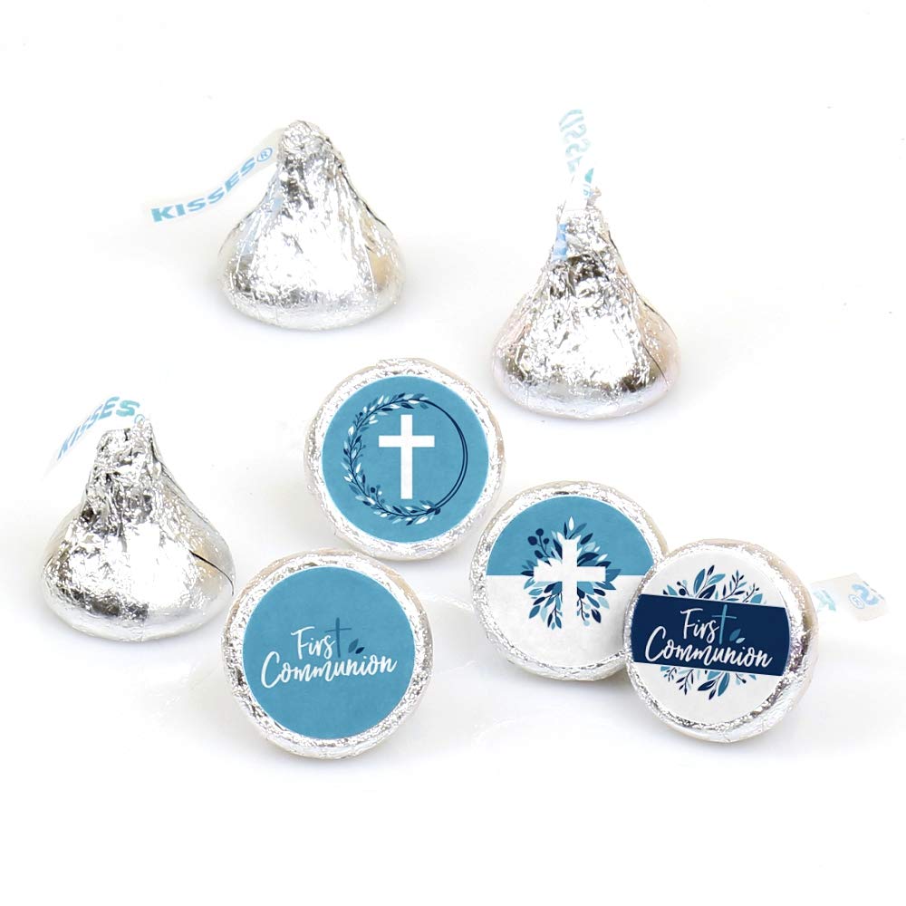 Big Dot of Happiness First Communion Blue Elegant Cross – Adhesivo redondo para fiesta religiosa para niños, etiquetas para dulces de chocolate (1