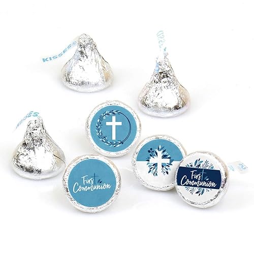 Big Dot of Happiness First Communion Blue Elegant Cross - Adhesivo redondo para fiesta religiosa para niños, etiquetas para dulces de chocolate (1