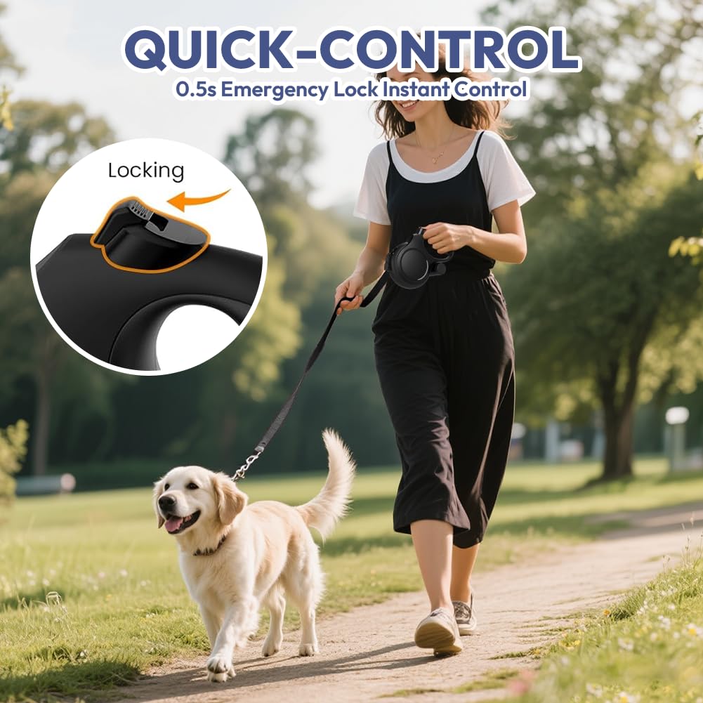 Hundeleine 8m, Einziehbare Hundeleine, Rollleine für Hunde, Rollleine mit Kotbeutelhalter, mit Bissfesten Stahlseil, Anti-Rutsch-Griff & Schnellbremsknopf, für Training, für Hunde bis 50 kg (Schwarz)