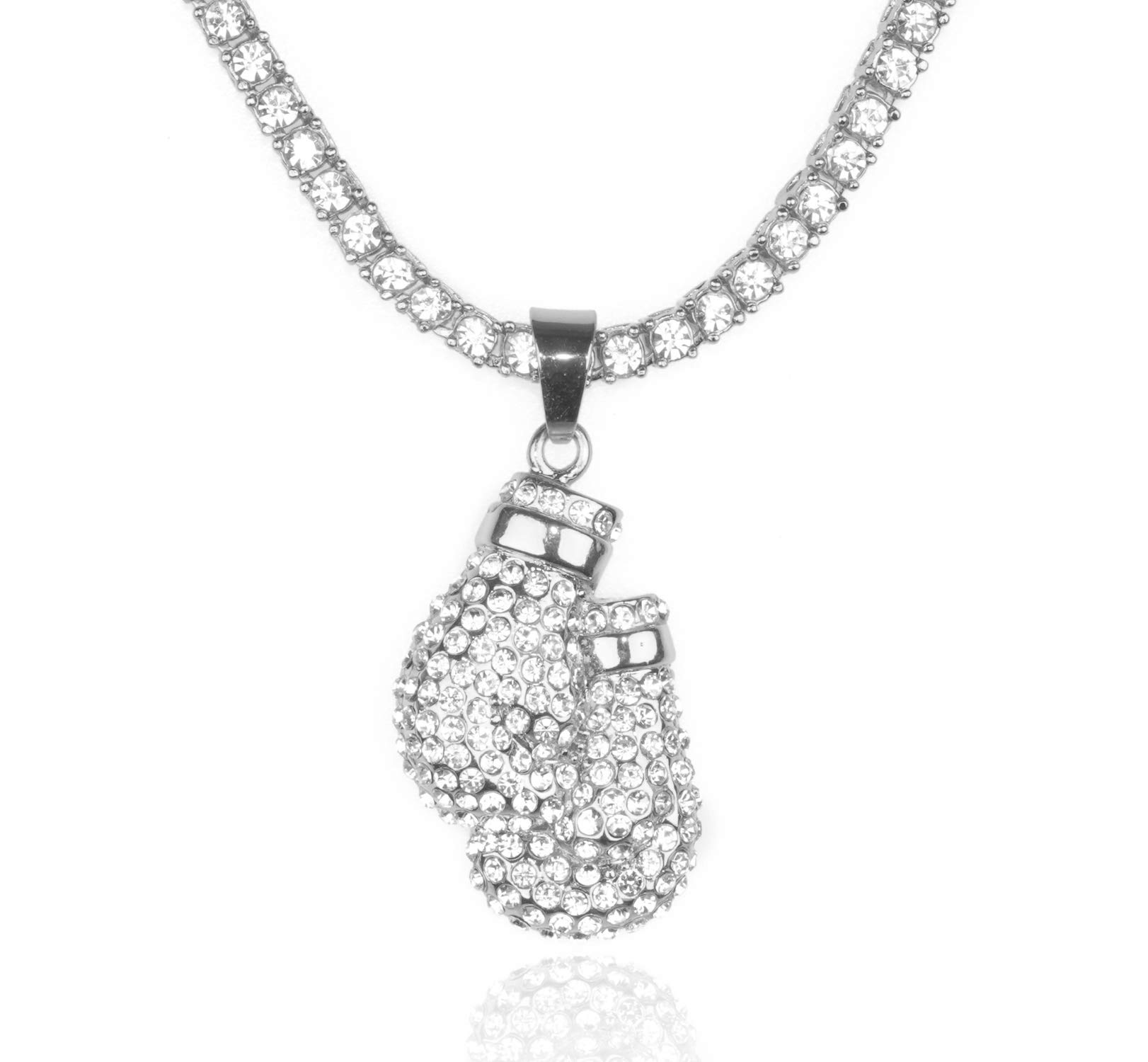HALUKAKAH Catena d'oro Uomo Iced out,Platino Placcato Finitura in Oro Bianco Cz Completa Guanti da Box Pendente Collana,Lab Diamantes Prong Set,con Catena da Tennis 50cm,Gratuito Pacco Regalo