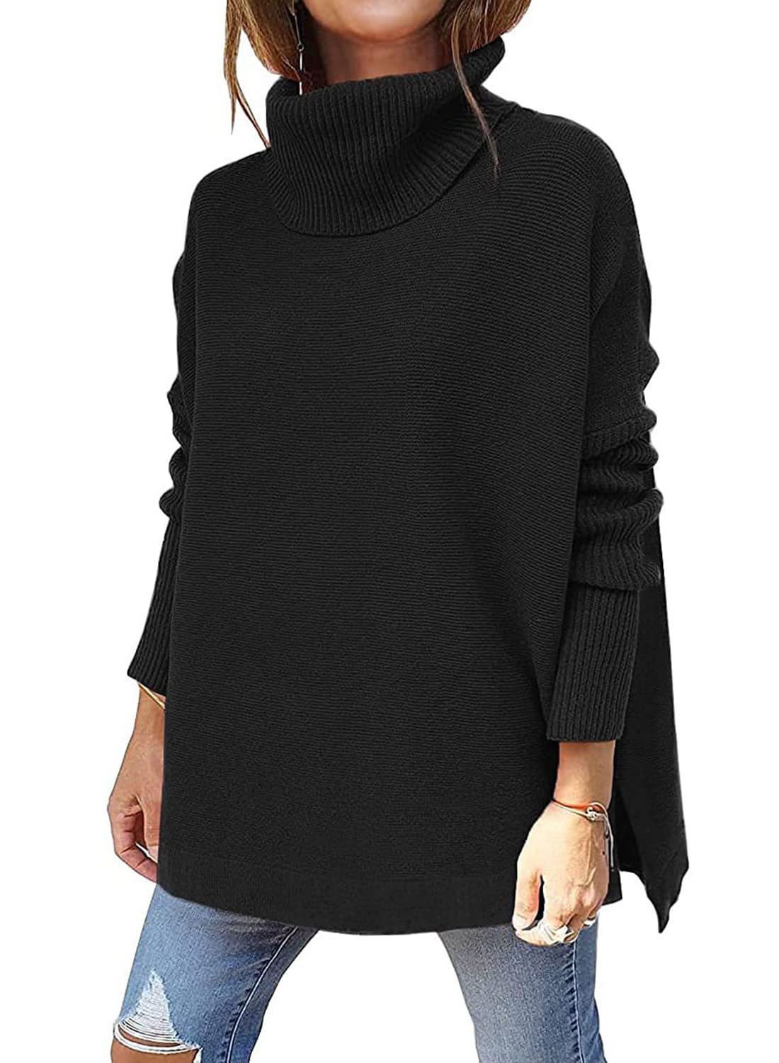 yoeasy Women's Turtleneck Oversized Long Batwing Sleeve Pullover Sweater Spilt Hem Knit Sweater