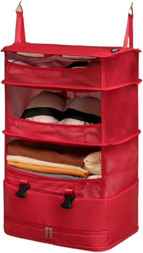 1pc Multifunctional Three-layer Hanging Travel Storage Bag Household Supplies Clothing Organizer Closet(Red)