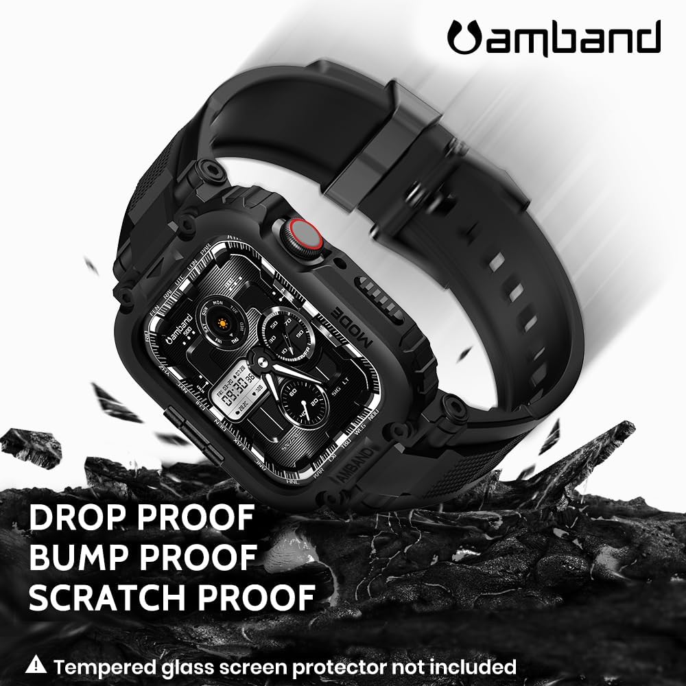 Condition photo showing New/Like New for amband bands compatible with apple watch 9/8/7/6/5/4 & se 3/2/1 45mm/44mm case for men, m1 sport series rugged case protective cover for iwatch se3/se2/6/se/5/4 44/45 mm men black black 44mm/45mm