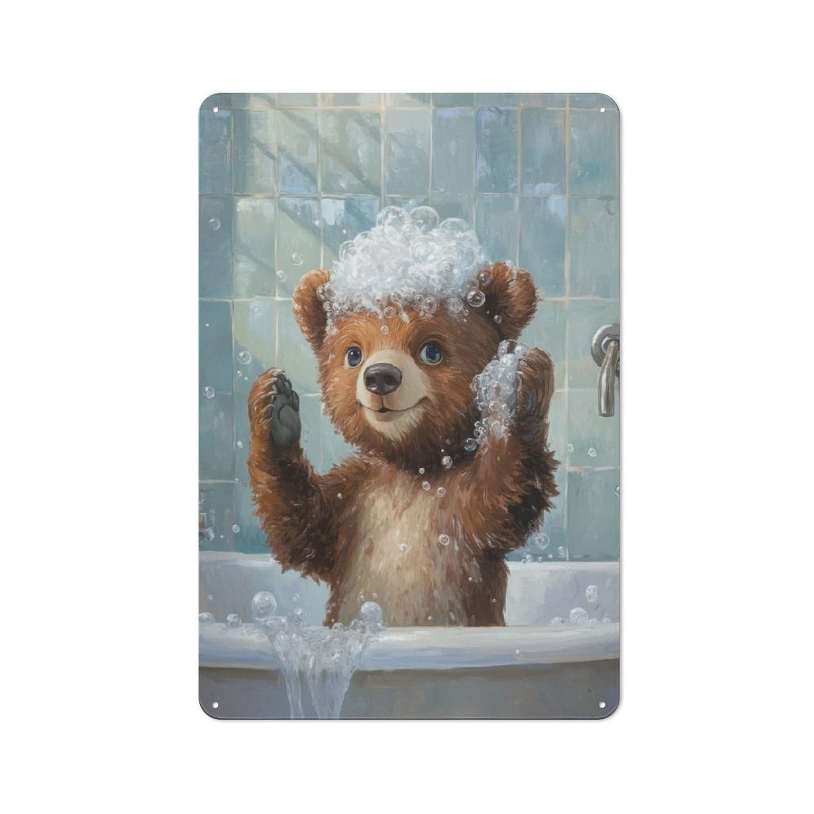 Junmoney Style-18 Retro Metal Plaque 30X20cm Featuring Bear In A Bubble Bath For Workshop Wall, For Metal Sign Collectors, For Garage And Workshop Walls