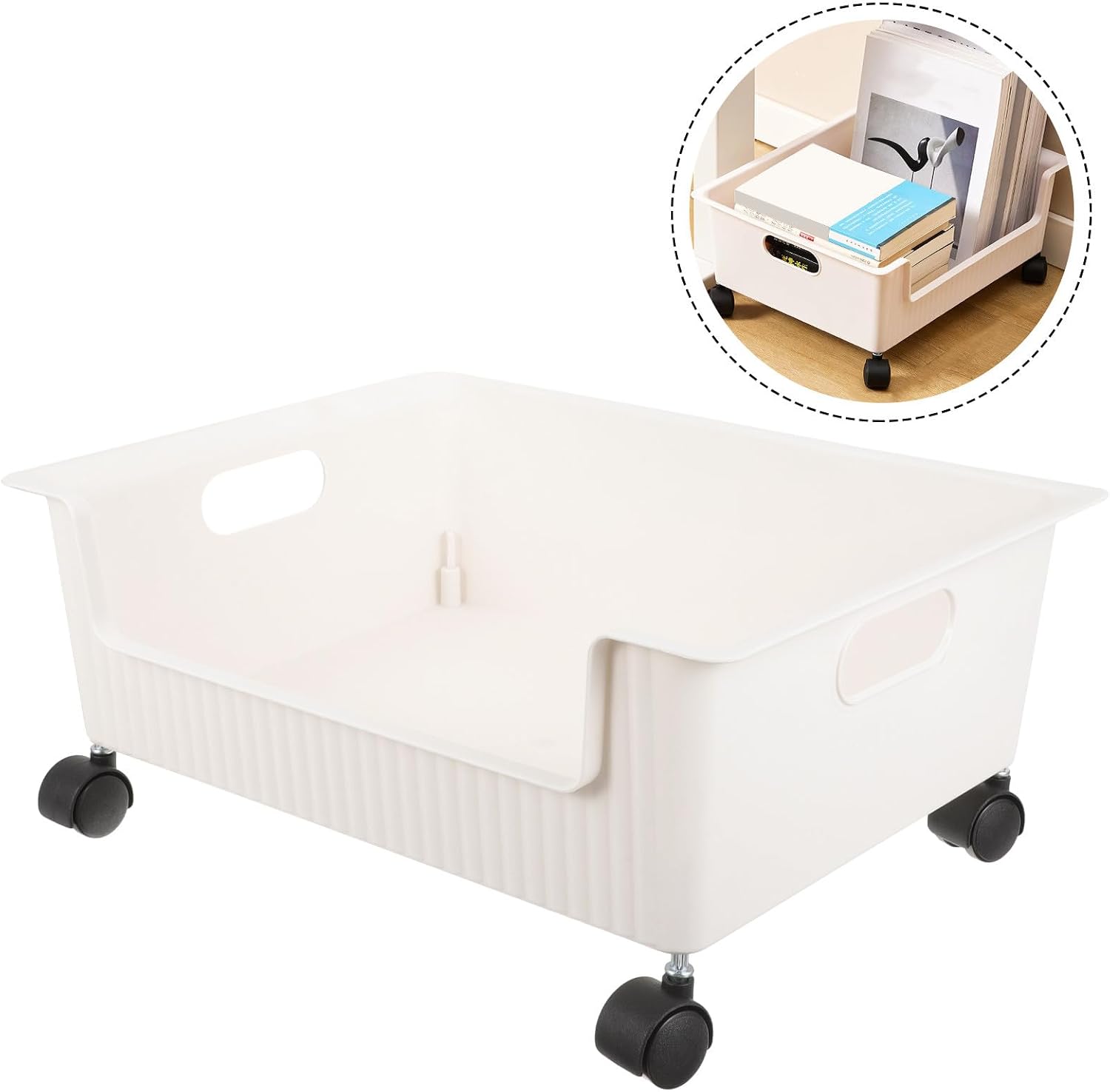 SEWACC Rolling Storage Cart Bookshelf on Wheels Medium Ivory Pp Plastic Book Organizing Box Dormitory Storage Container for Student Desk Underbed Use
