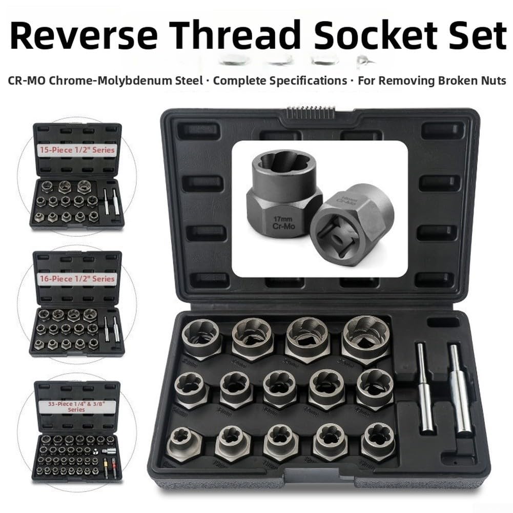 Set di estrattori di bulloni di precisione con bussole a spirale inversa nelle misure 6, 8, 10, 12, 14, 17, 19, 22 e 27 mm, con adattatore per punte da trapano (16 pezzi)