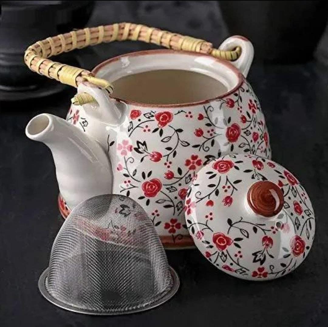 Beautifully Painted Ceramic Kettle: 850 ml Tea Coffee Pot with Steel Strainer Set of 1 (Color & Print Choice NOT AVAILEBAL)-image-48