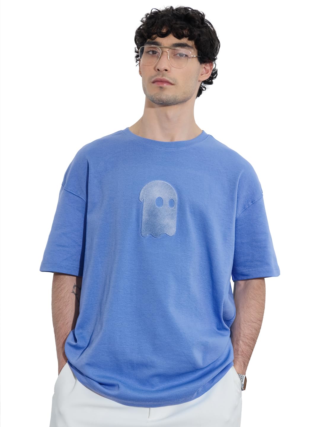 the souled store Faded Blue Men and Boys Short Sleeves Round Neck Blue Embroidered Cotton Oversized T-Shirts-picture-42