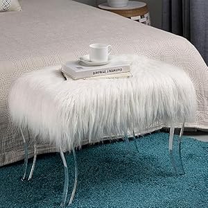 Glitzhome modern style white faux fur ottoman footrest stool vanity stool with acrylic legs accent bench for bedroom  urban country home decor