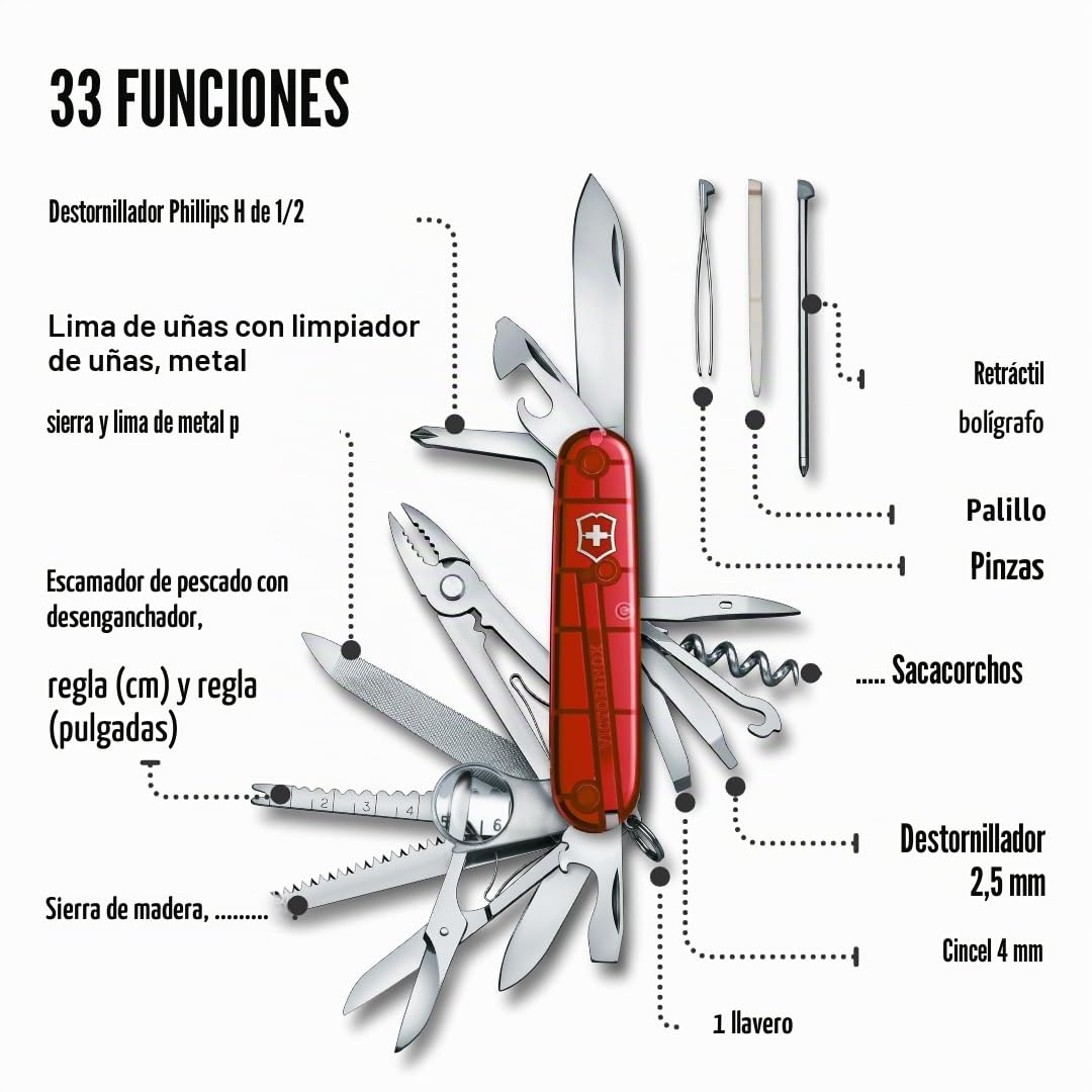 Victorinox, Swiss Champ, Navaja Multiuso Suiza, Cuchillo bolsillo, Regalo, 33 Funciones, Hoja grande, Sacacorchos