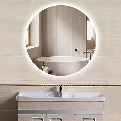 MIRPLUS Espejo redondo de baño de 24 pulgadas espejo de baño con luz LED para pared espejo de tocador de brillo ajustable espejo de pared redondo